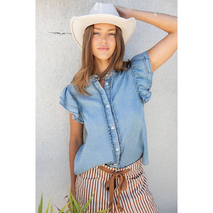 Washed Ruffle Trim Chambray Blouse