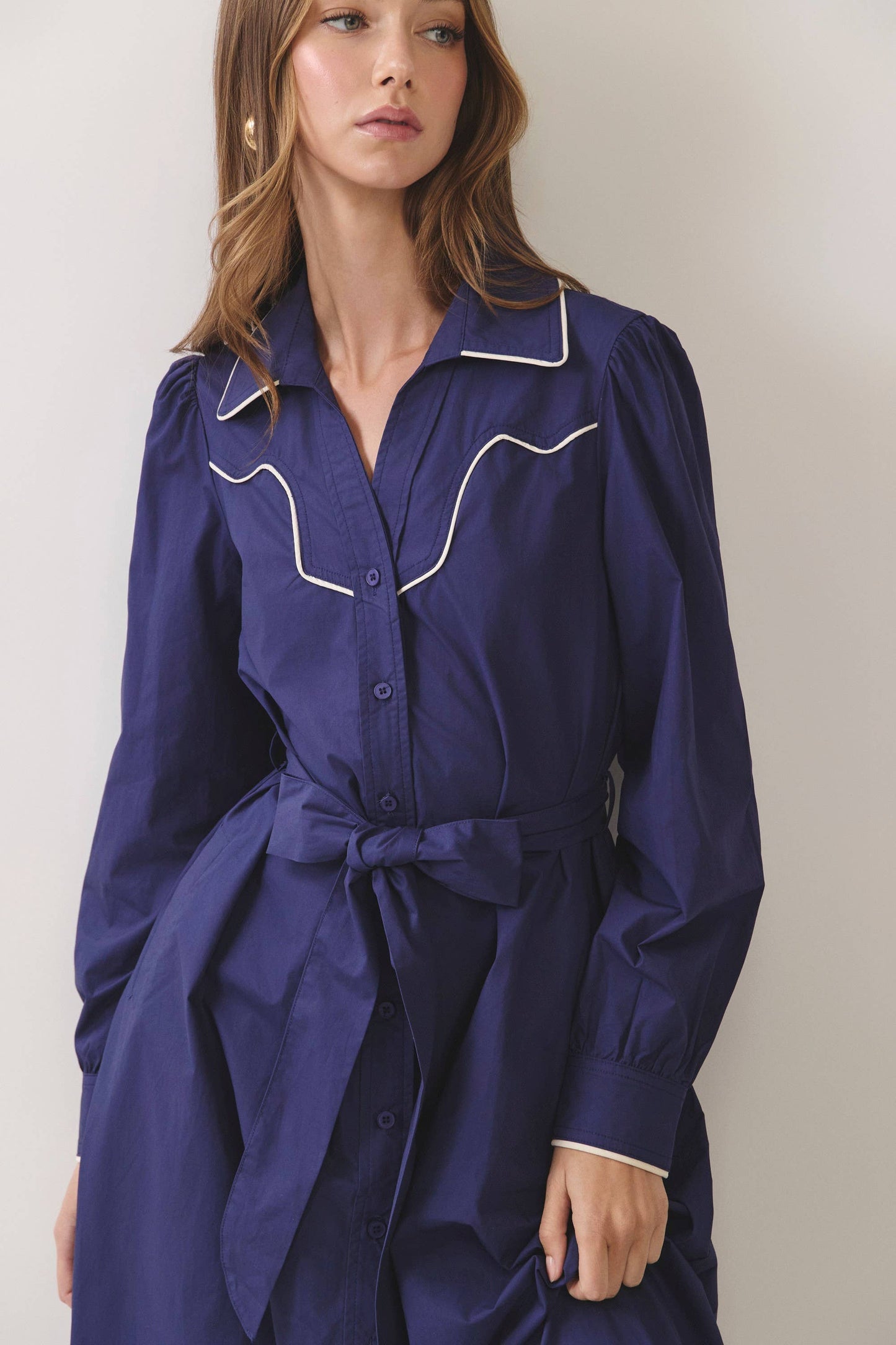 TCEC Contrast Piped Shirt Midi Dress