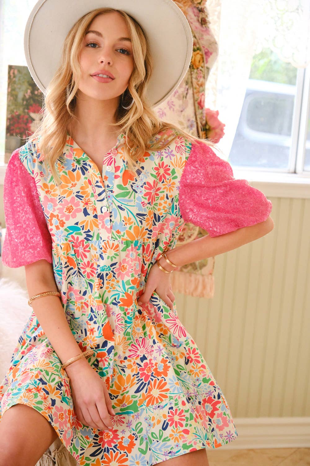 Floral Cotton Sequin Puff SLV Shirt Mini Dress