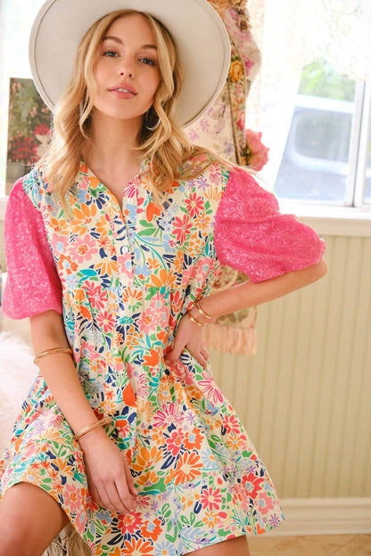Floral Cotton Sequin Puff SLV Shirt Mini Dress