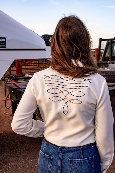 Boot Stitch White Turquoise Snaps Top