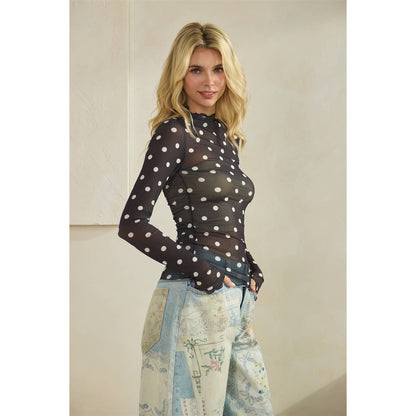 Lace Long Sleeve See Through Polka Dot Top