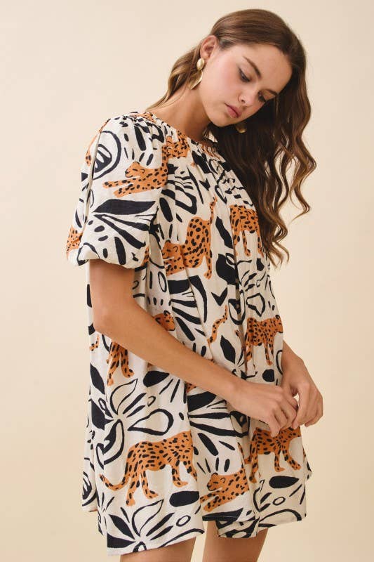 Leopard Print Gathered Round Neck Mini Dress