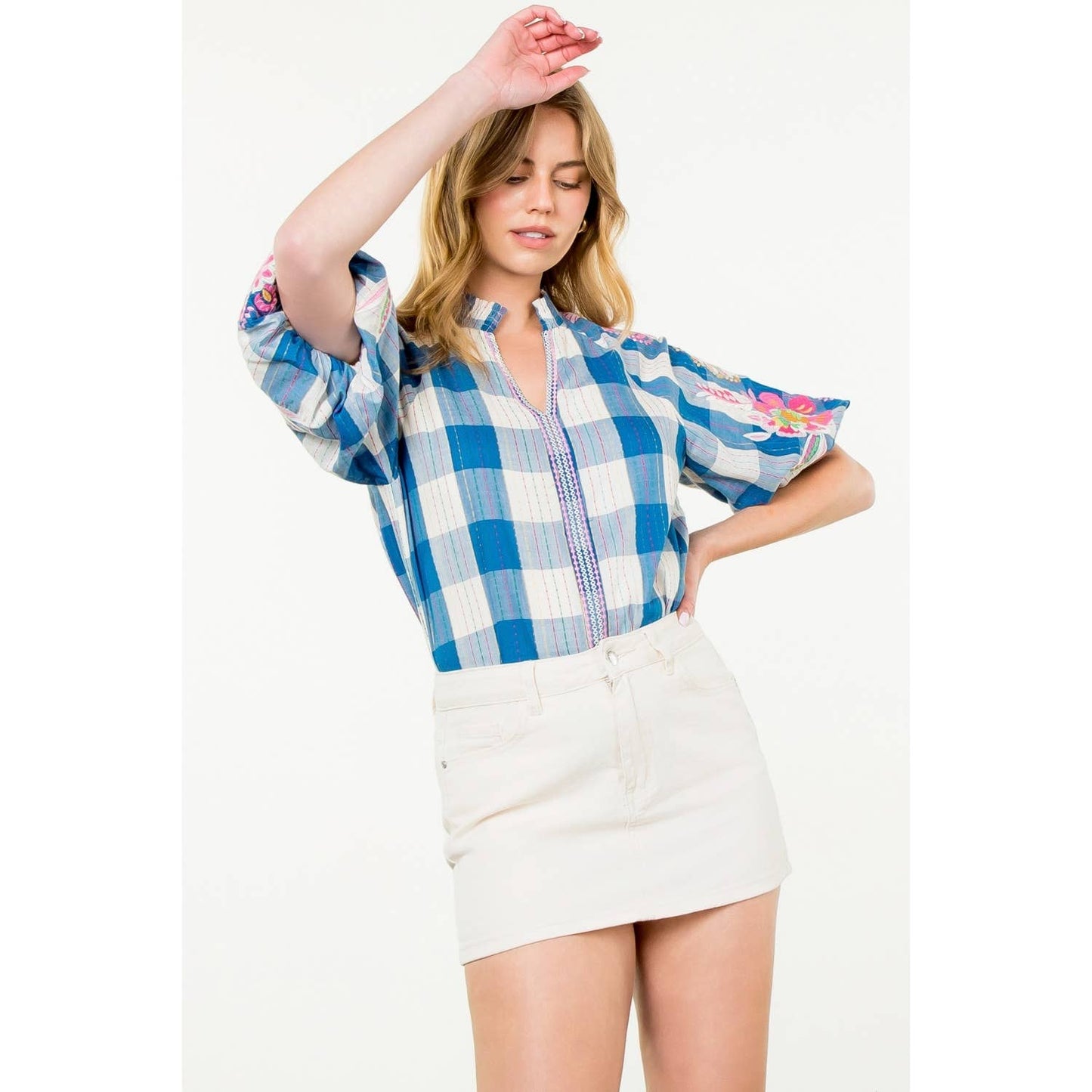Embroidered Puff Sleeve Plaid Top