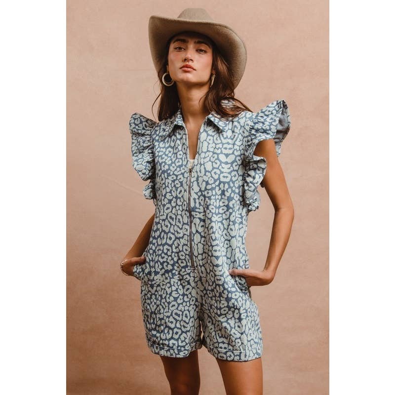 LEOPARD PRINT DENIM RUFFLE SLEEVES ROMPER