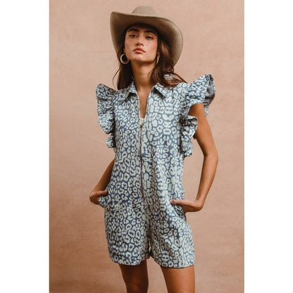LEOPARD PRINT DENIM RUFFLE SLEEVES ROMPER