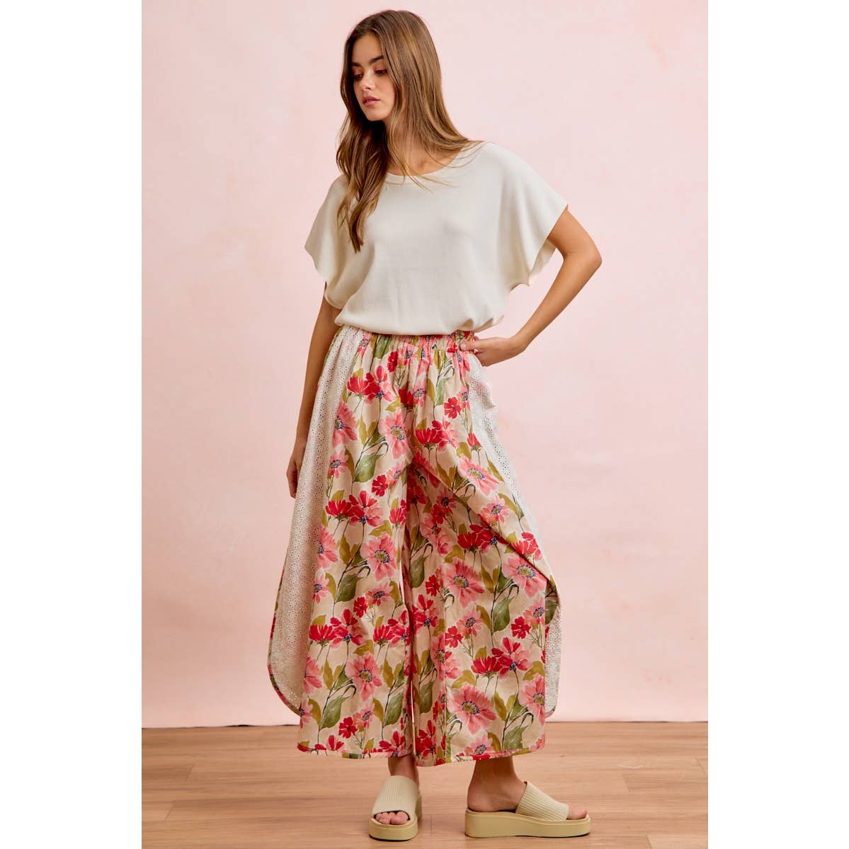 Floral Eyelet Side Elastic Waist Wide Leg Pants
