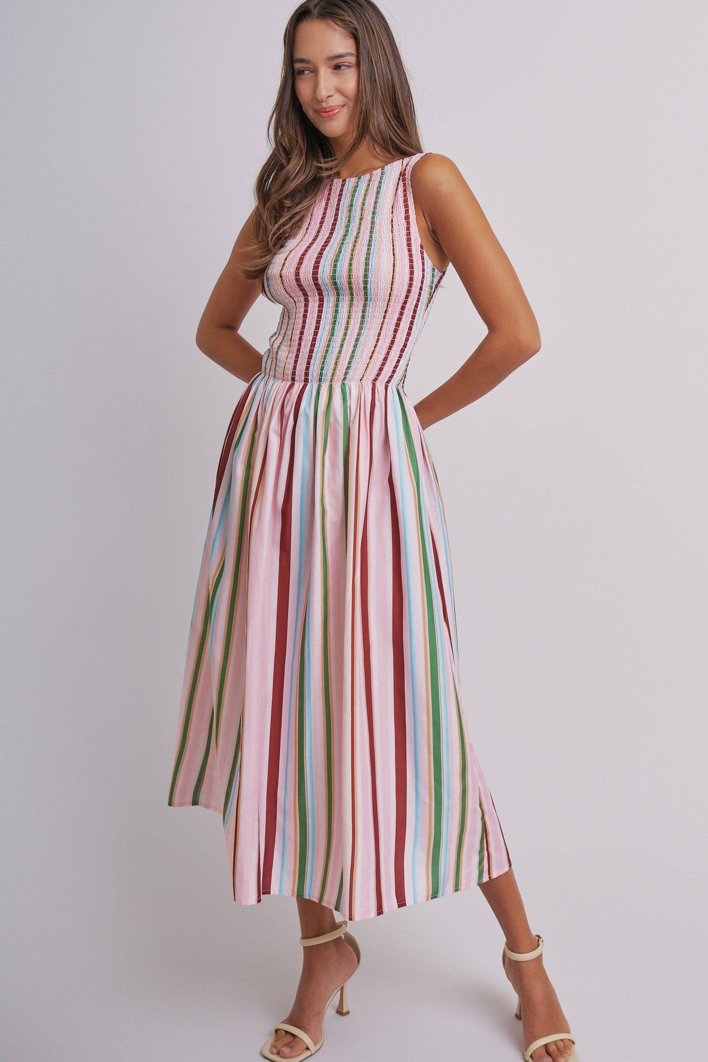 Candy Stripe Smocked Midi Dress