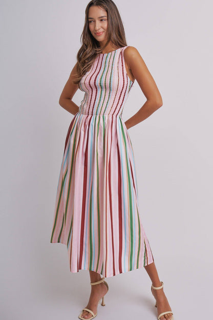 Candy Stripe Smocked Midi Dress