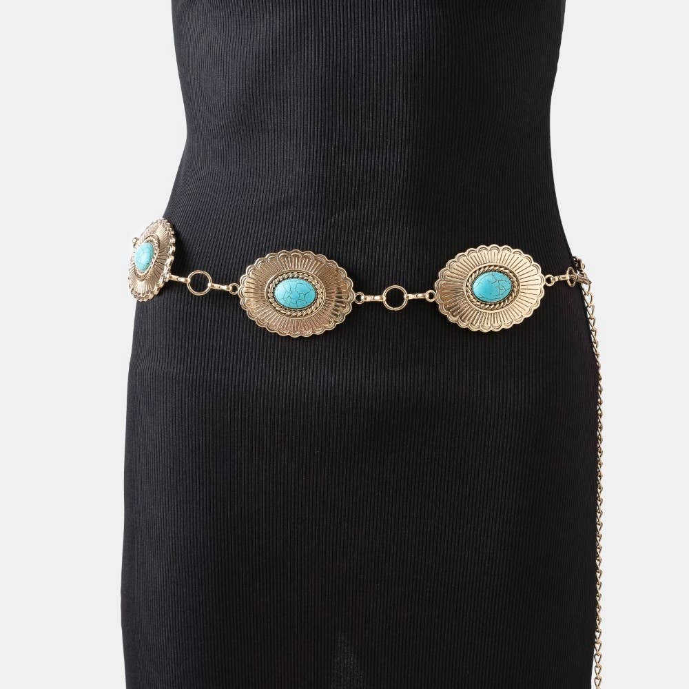 Oval Turquoise Stone Western Style Concho Chain Belt