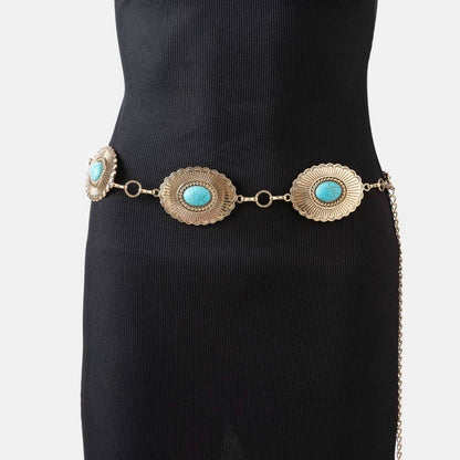 Oval Turquoise Stone Western Style Concho Chain Belt