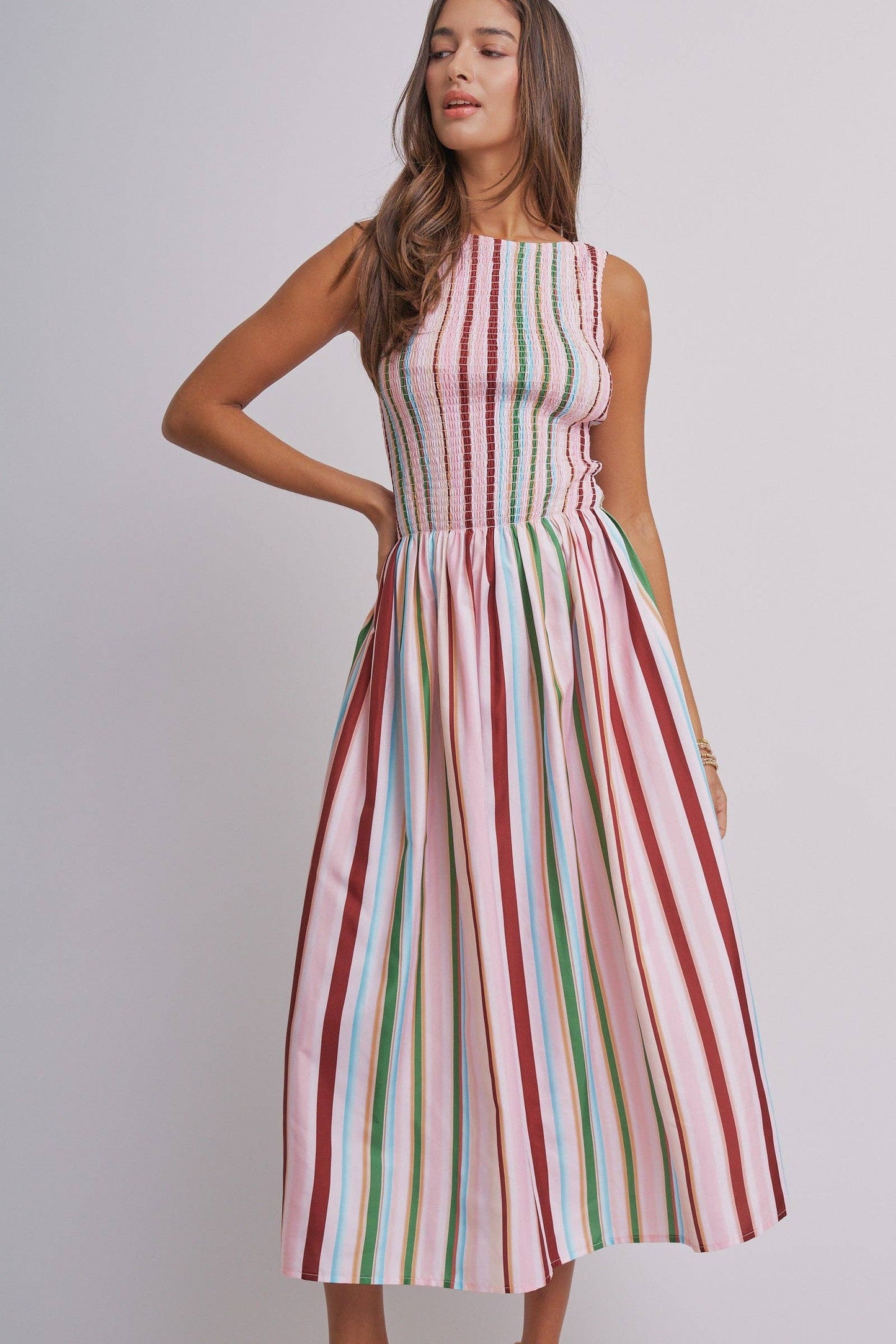 Candy Stripe Smocked Midi Dress