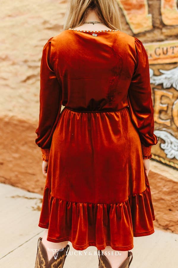 LUCKY & BLESSED Rust Velvet Vintage Studded Dress