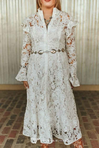 White Crochet Ruffle Lined Button Down Long Sleeve Dress