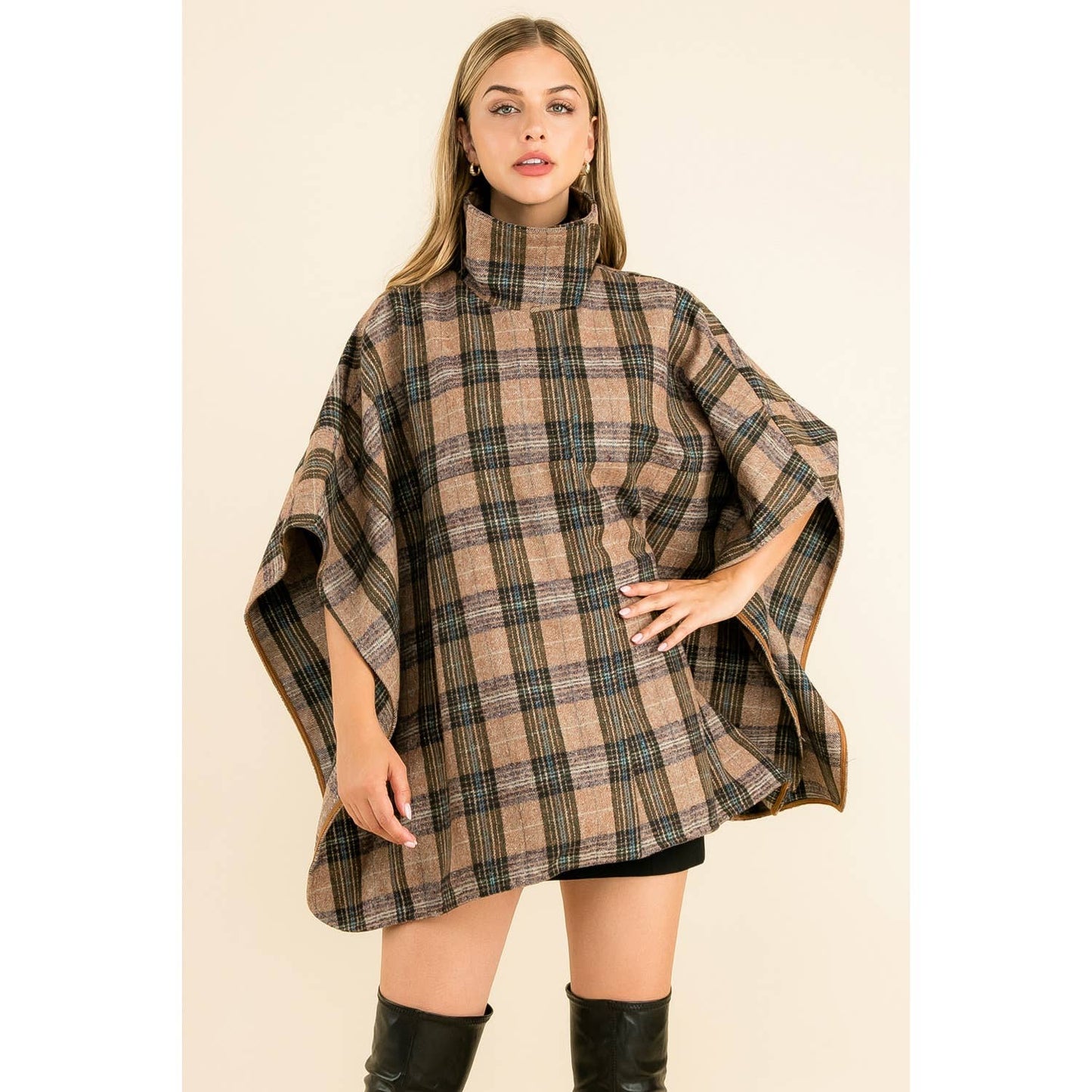 High Neck Plaid Poncho