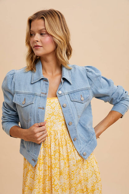 Shirred Sleeve Cropped Demin Jacket