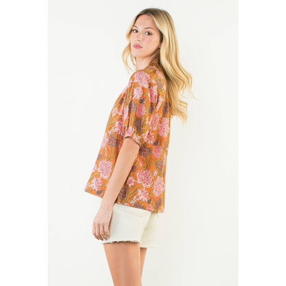 Short Sleeve Floral Pattern V-Neck Top