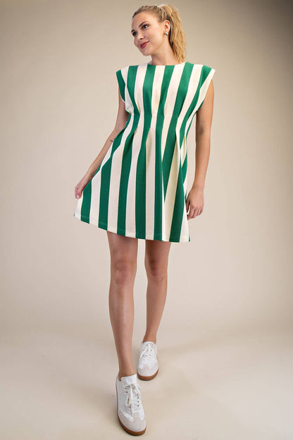 Round Neck Waist Pleated Mini Dress