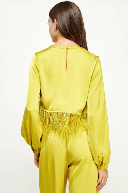 Feather Trim Long Sleeve Satin Top
