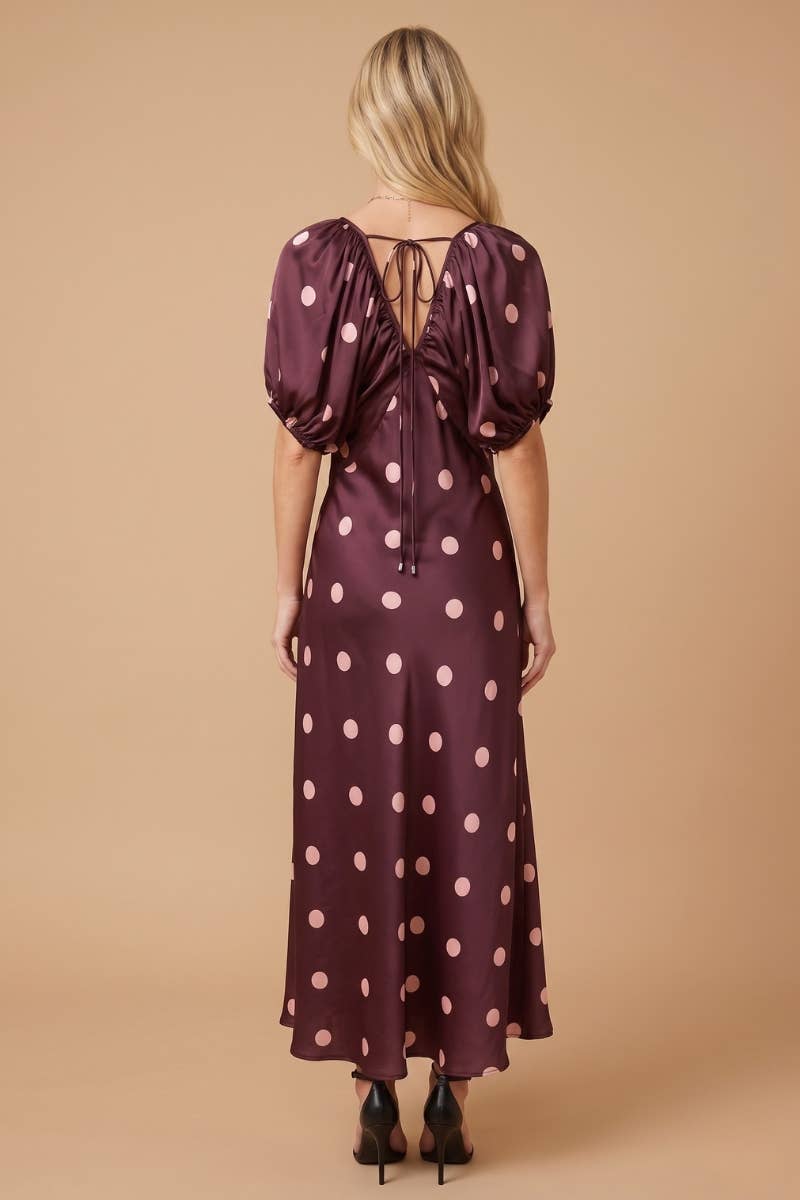 J.NNA Satin Polka-Dot V Neck Maxi Dress