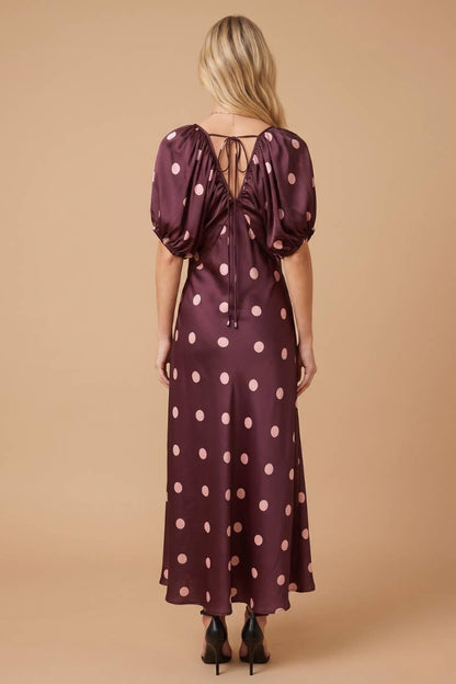 J.NNA Satin Polka-Dot V Neck Maxi Dress