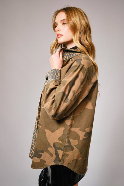 Mix Media Camo Leopard Snap Jacket