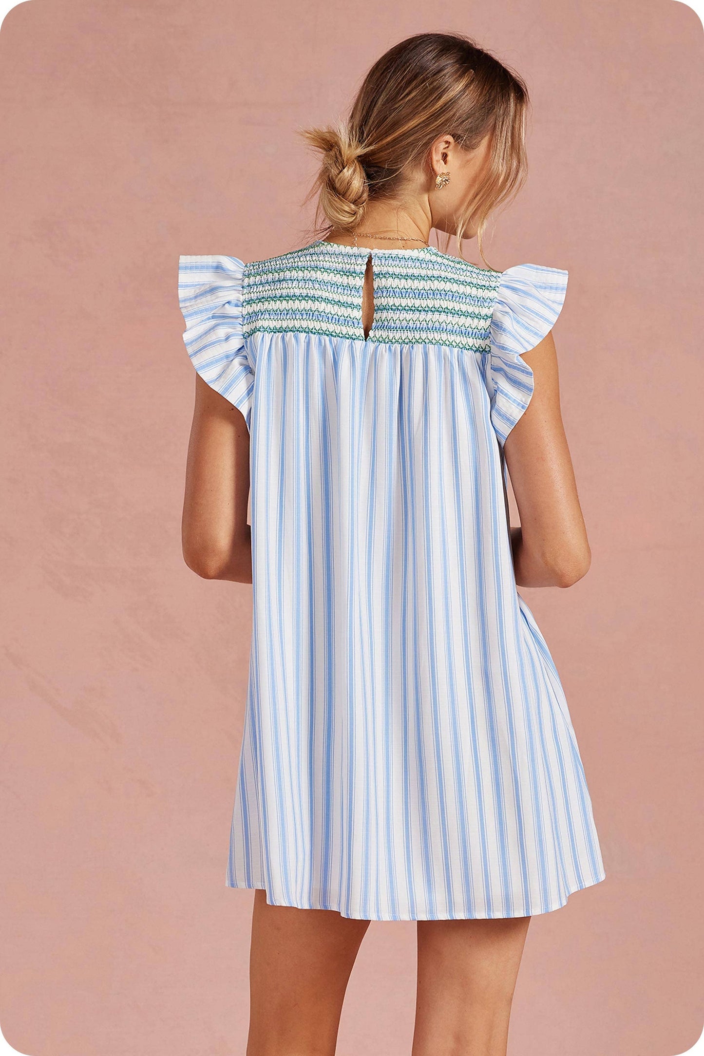 Stripe Color Smocking Detail Mini Dress