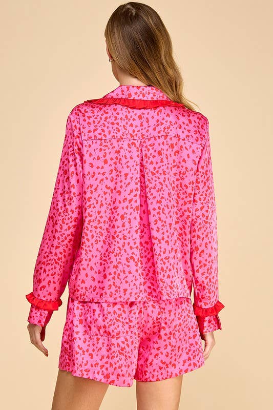Leopard Printed Ruffle Long Sleeve Pajama Set