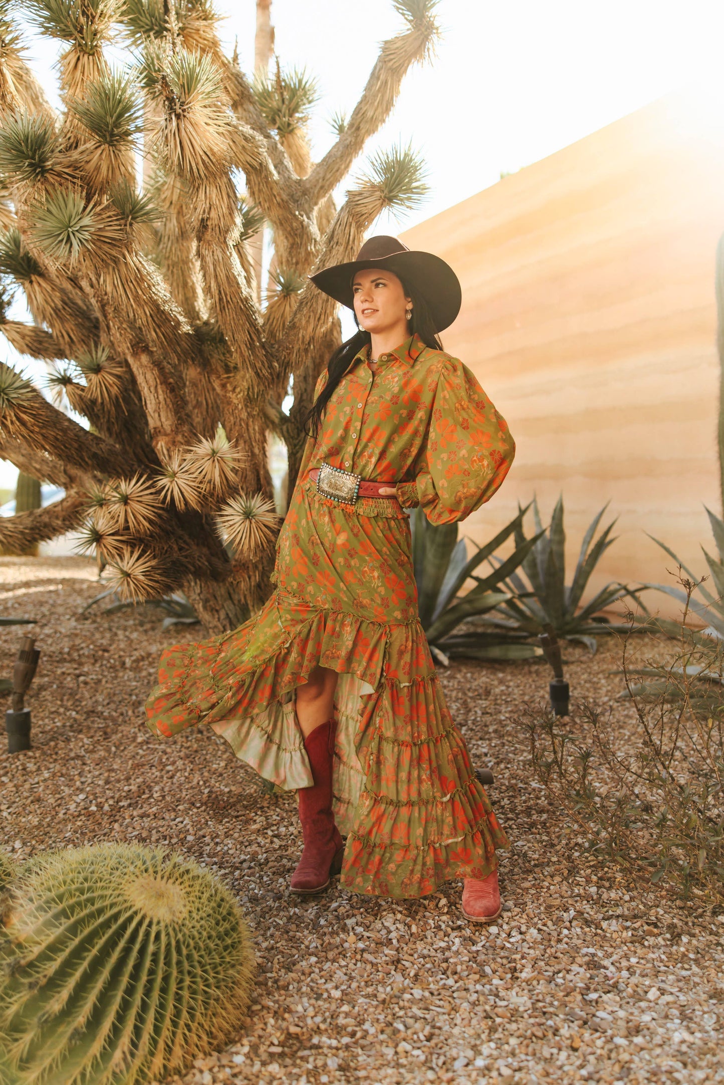 Olive Retro Cowboy Mesh Skirt