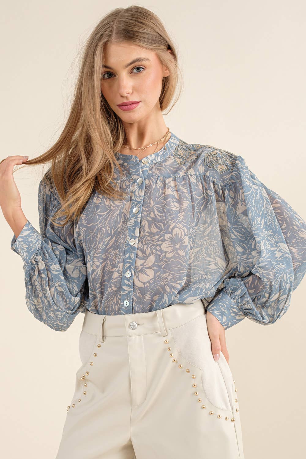 Chiffon Floral Embroidered Shoulder Blouse