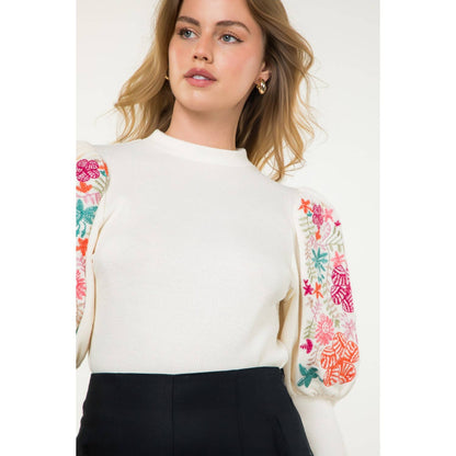 Embroidered Bishop Sleeve Sweater Top