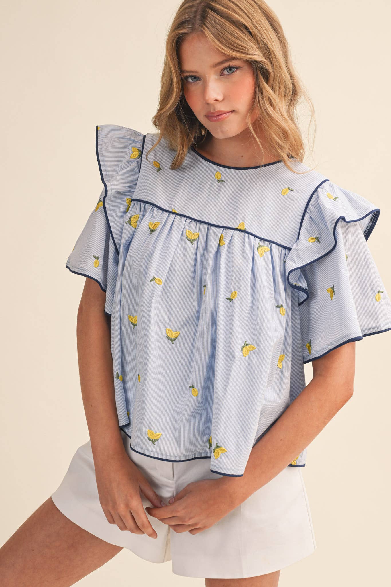 Lemon Embroidery Contrast Piping Top