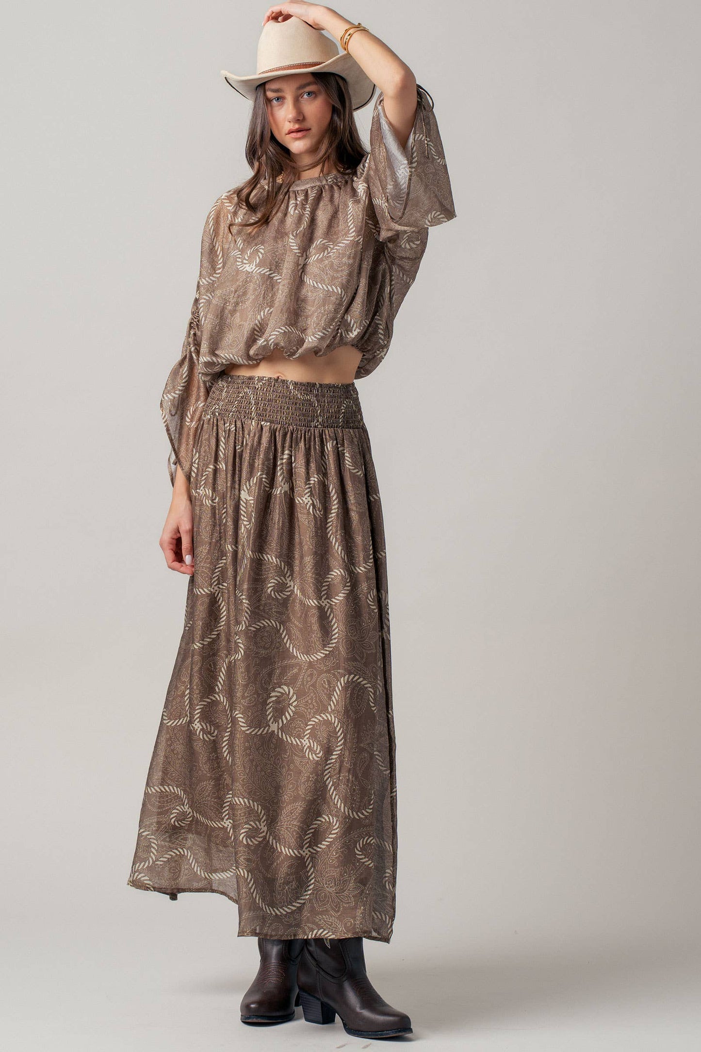 Rope Print Ruched Sleeve Blouse & Smocked Waist Skirt Set