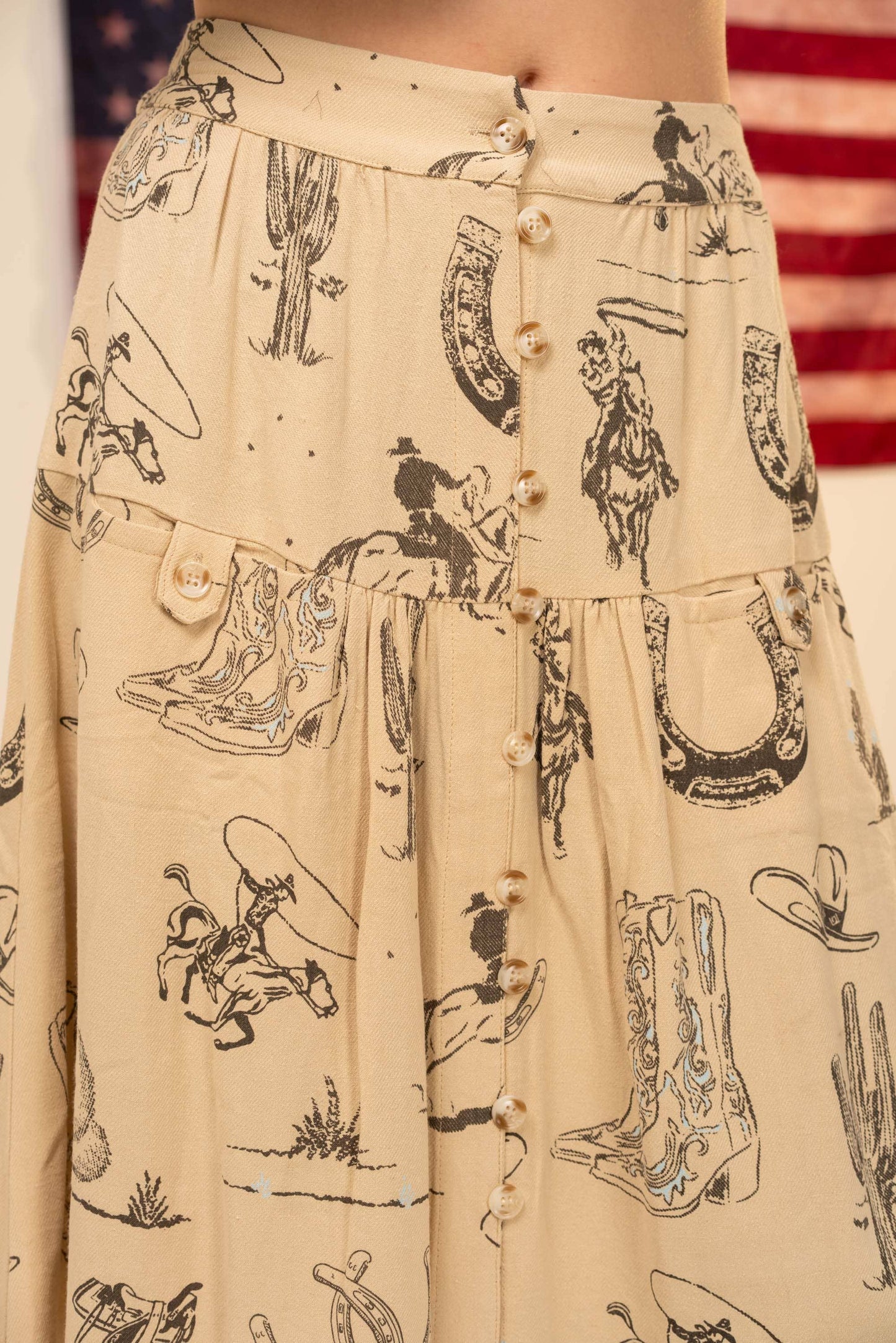 Blue B Western Print Linen Button Up Skirt
