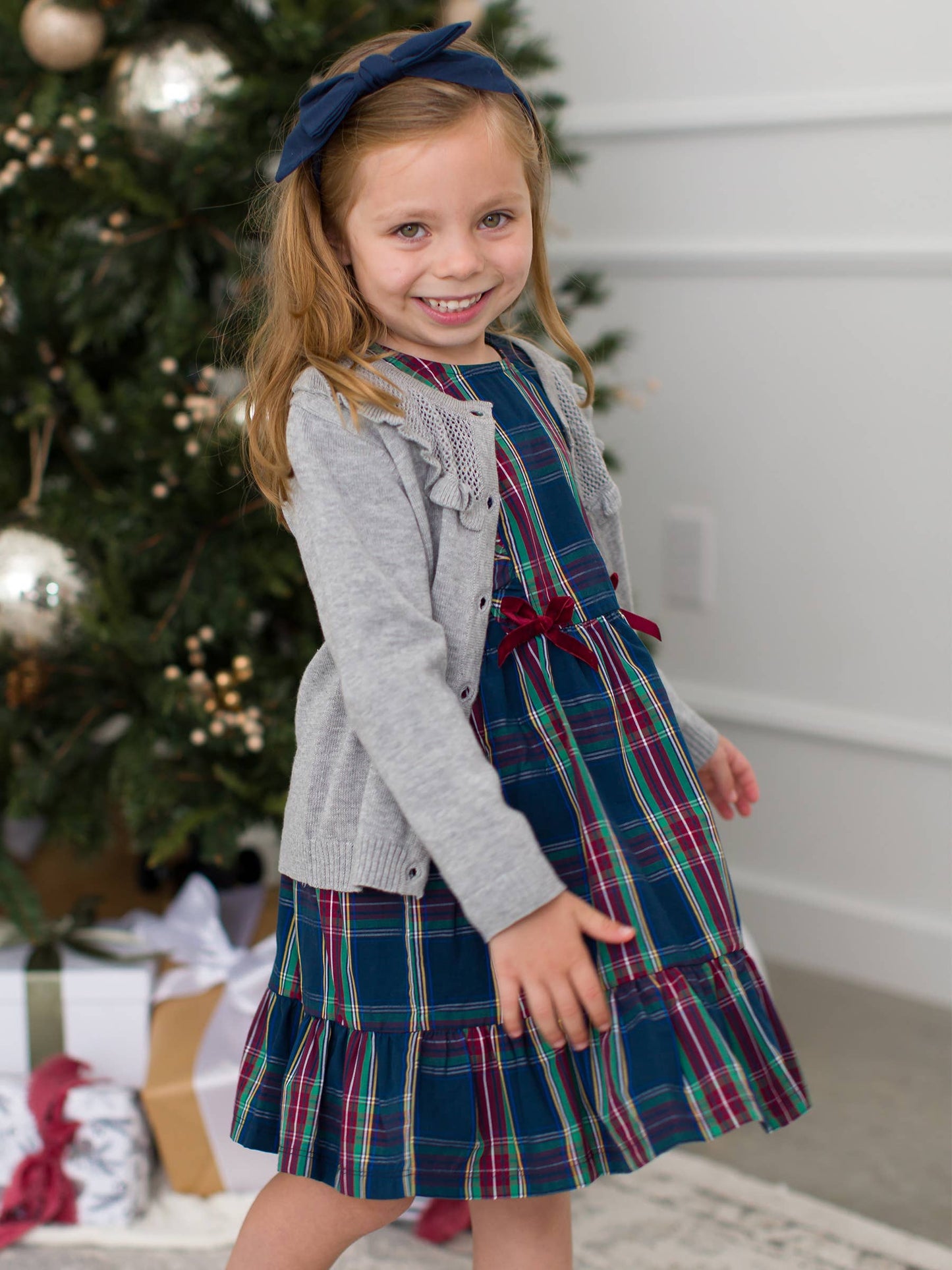 Girls Navy Plaid Ruffle Bow Dress