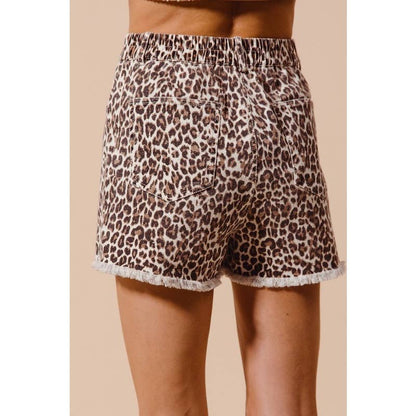 WASHED LEOPARD TWILL SHORTS WITH FRAYED HEM