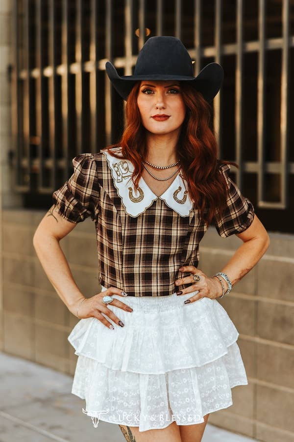 Brown Plaid Puff Sleeve Collar Blouse