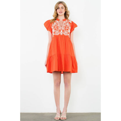Embroidered Flutter Sleeve Mini Dress