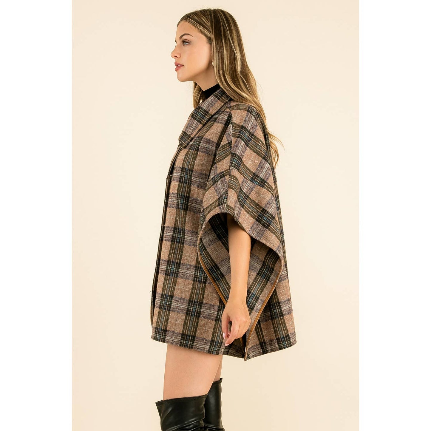 High Neck Plaid Poncho