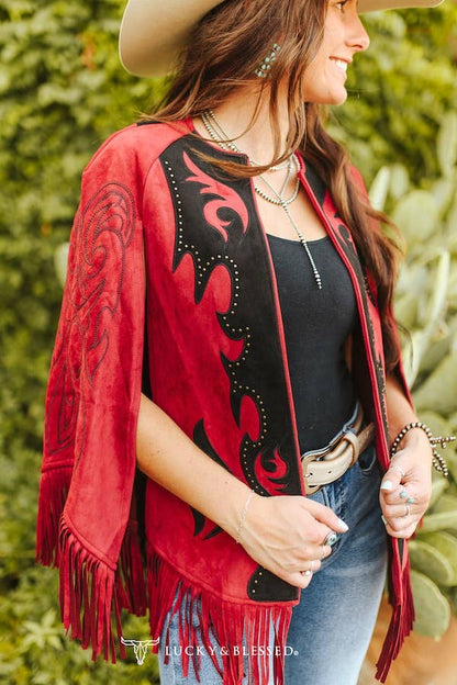 Wine Studded Black Patch Embroidered Fringe Cape