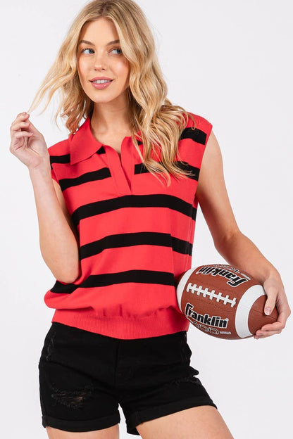 Collared Striped Sleeveless Sweater Top