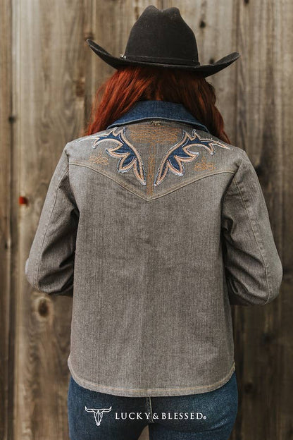 LUCKY & BLESSED Embroidered Western Jacket with Denim Collar