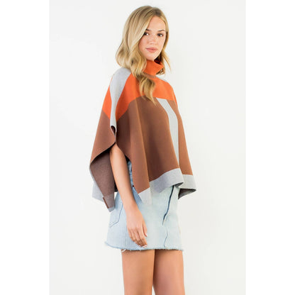 Colorblock Turtleneck Knit Poncho