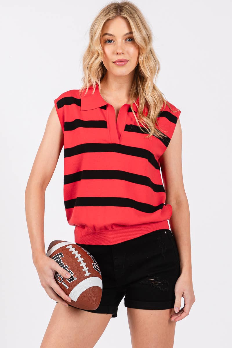 Collared Striped Sleeveless Sweater Top