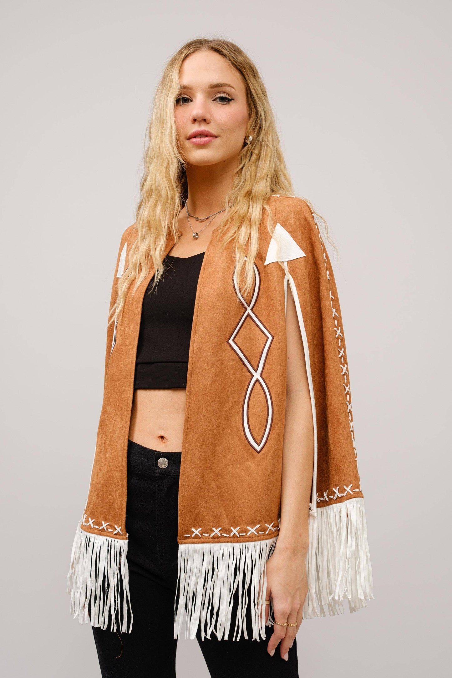 Fringe Detail Open Cape Jacket