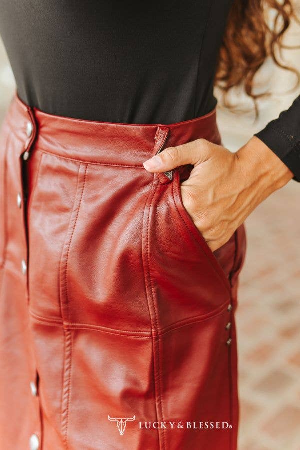 LUCKY & BLESSED Burgundy Faux Leather Pleated Western Skirt