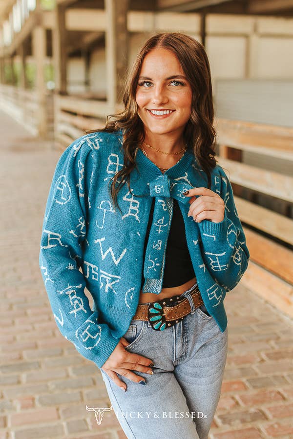 LUCKY & BLESSED Teal Cattle Brand Knit Cardigan