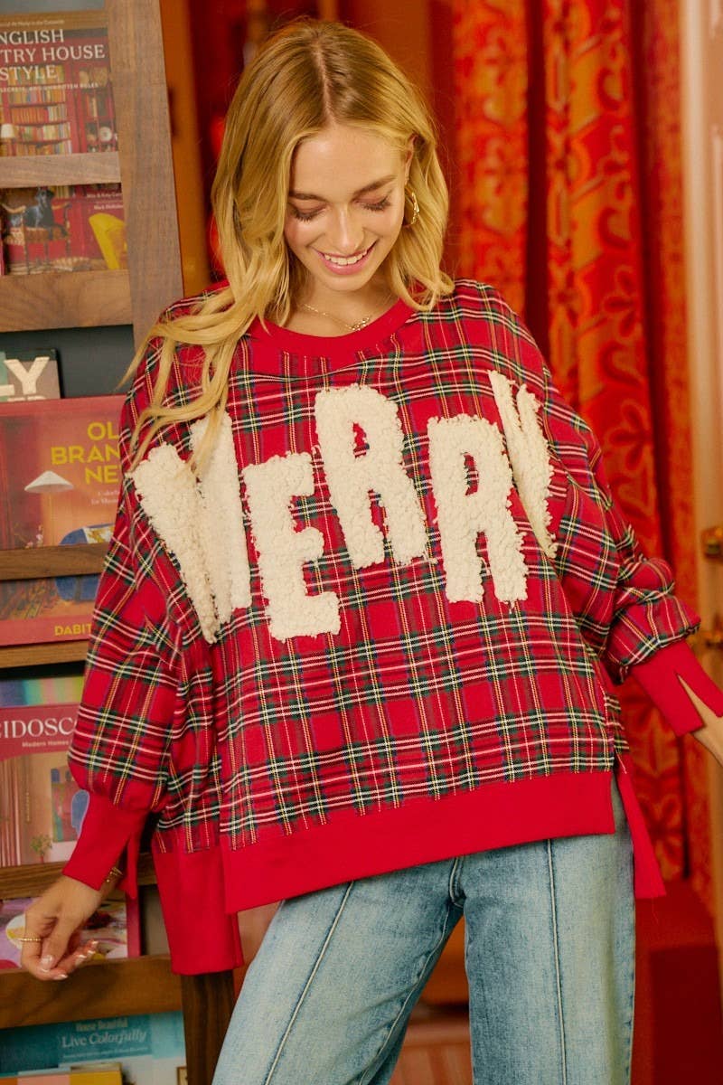 Merry Letter Patches Christmas Plaid Sweatshirt