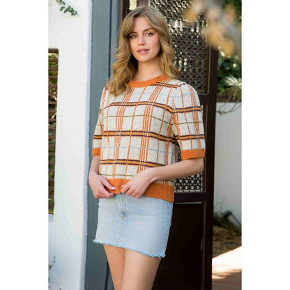 Plaid Half Sleeve Knit Top