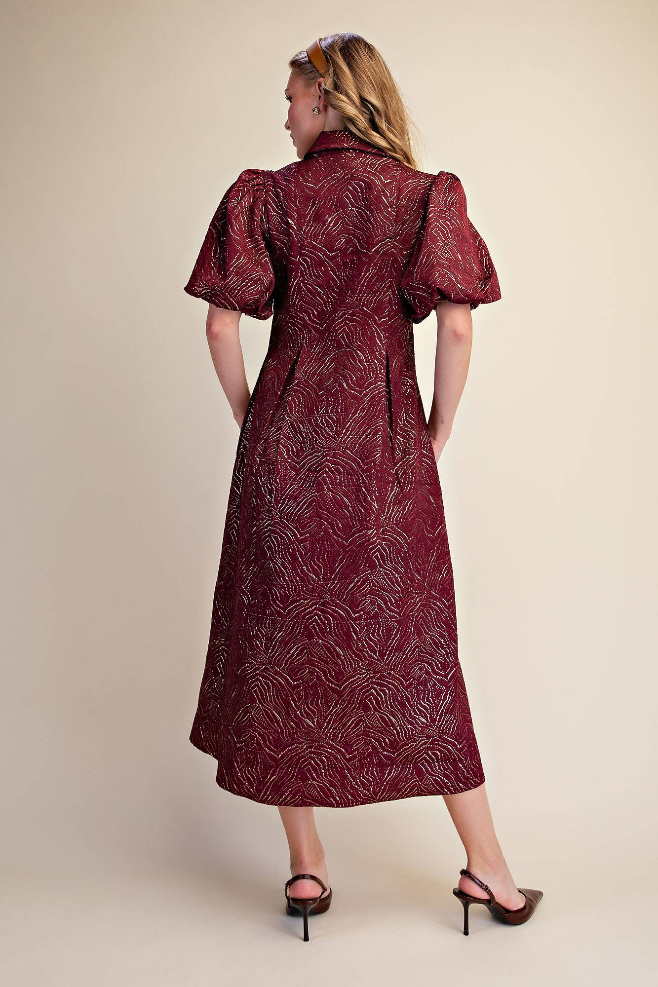 Puff Sleeve Pleated Lurex Midi Dress